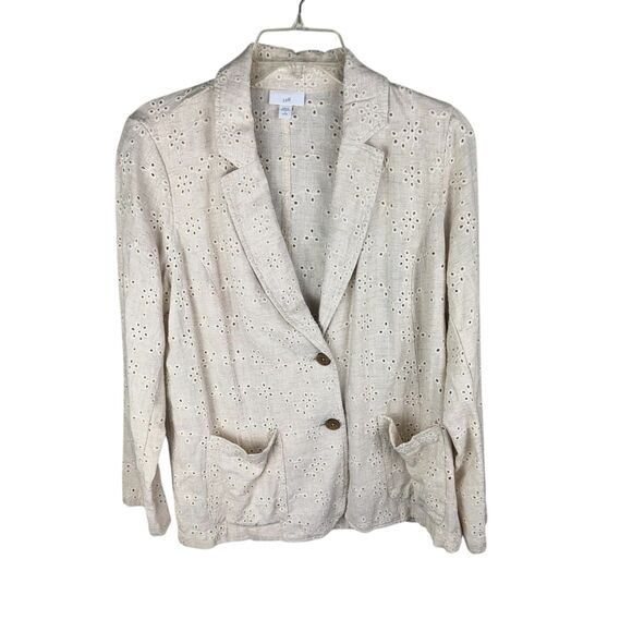 J.Jill Easy Eyelet Blazer Jacket Sz S Petite Oatmeal Button Up Linen Blend - Picture 1 of 4